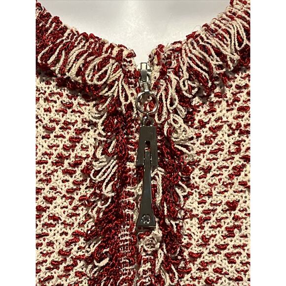 Vtg St John Knit Size 2 Skirt Suit Red & White Tweed Fringed Jacket Full Zip - Picture 6 of 16